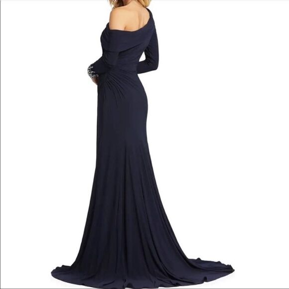 MAC DUGGAL One Shoulder Midnight Blue Long Sleeve Jersey Gown size 10 NWT - Picture 4 of 9